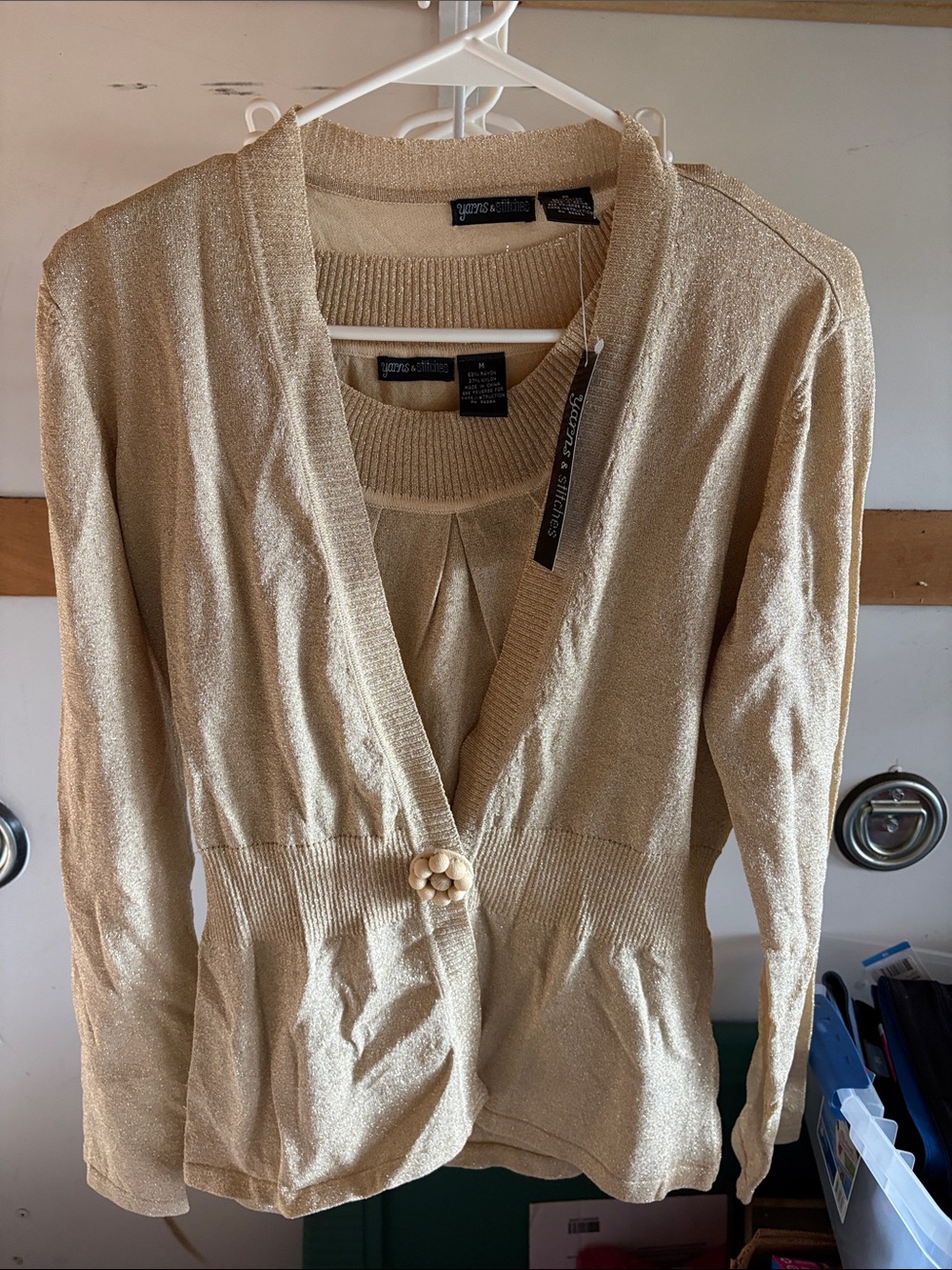 Yarns & Stitches Gold Shimmery Knit Cardigan with Decorative Button